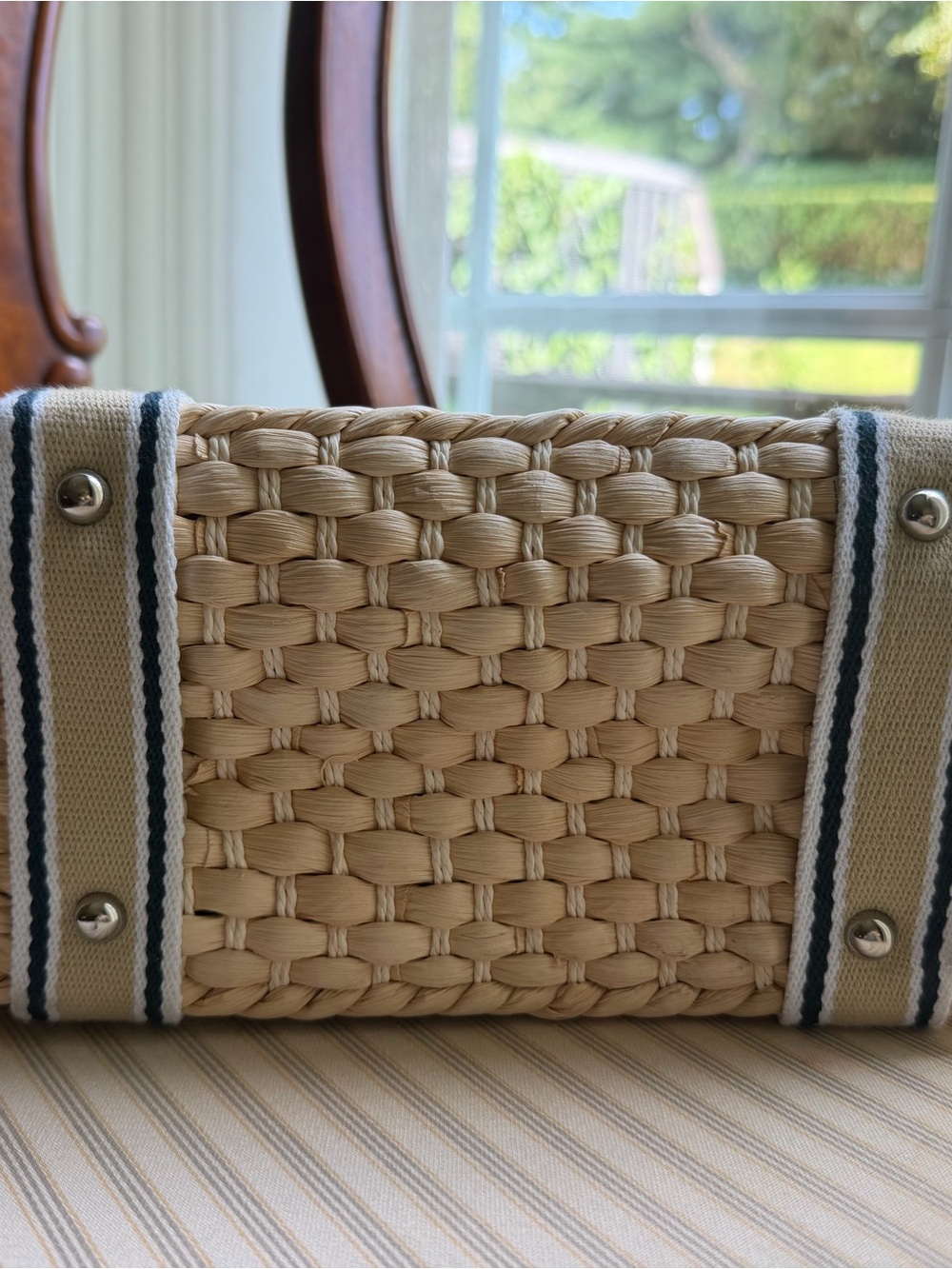 Chaps Woven Straw Tote with Brown Leather Trim and Striped Accents - Picture 3 of 5